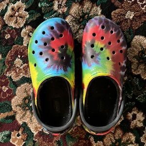Tie dye fuzzy crocs